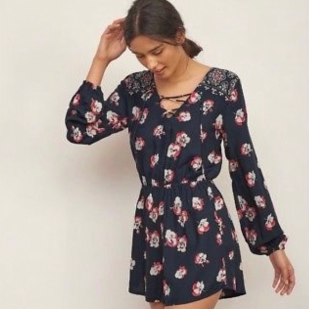 A&F Lace Up Navy Floral Romper